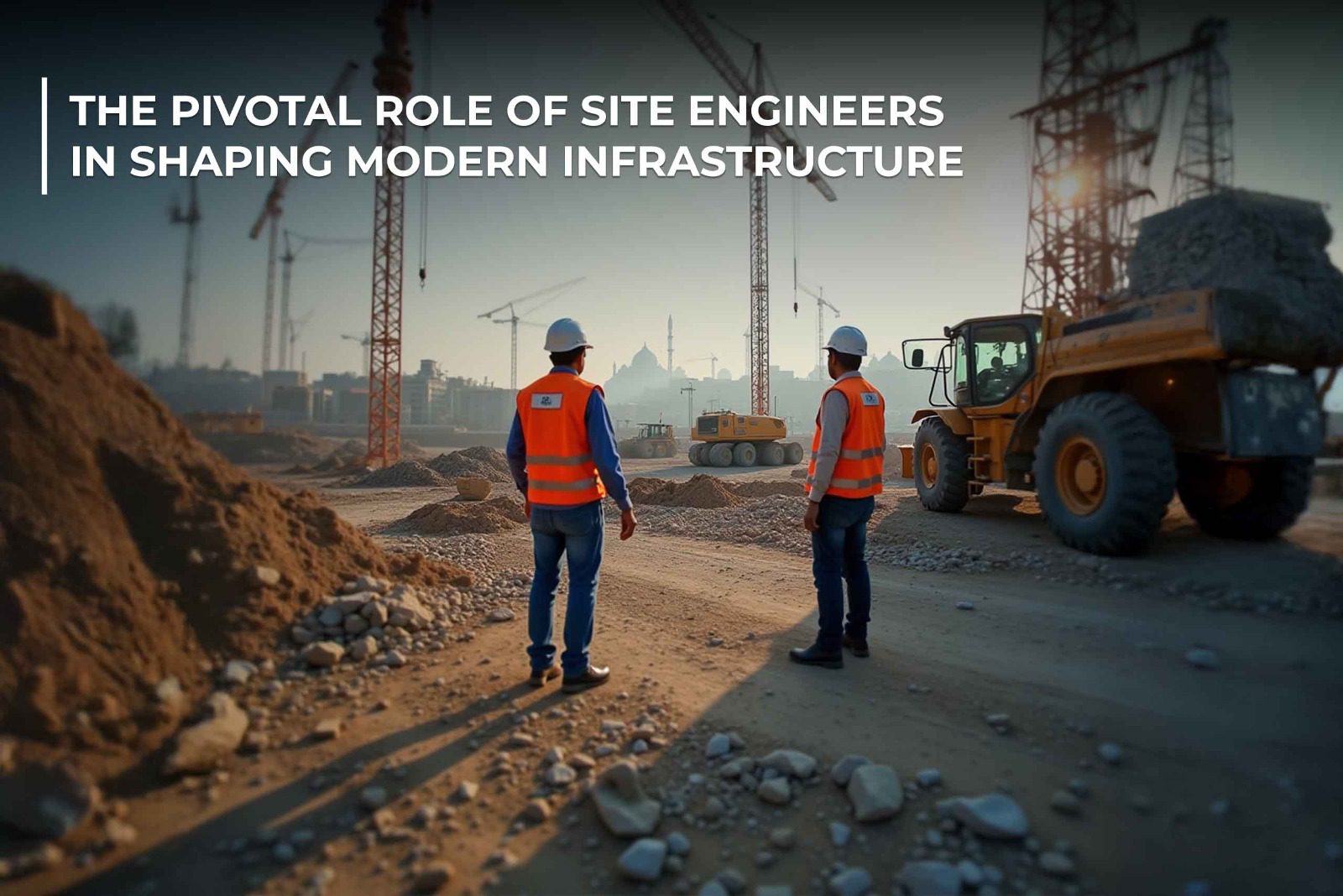 Construction site engineer reviewing blueprints at modern infrastructure project