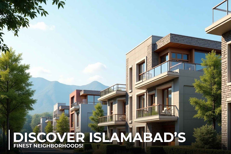 Modern residential buildings with balconies surrounded by greenery and mountains in Islamabad, promoting the city's finest neighborhoods.