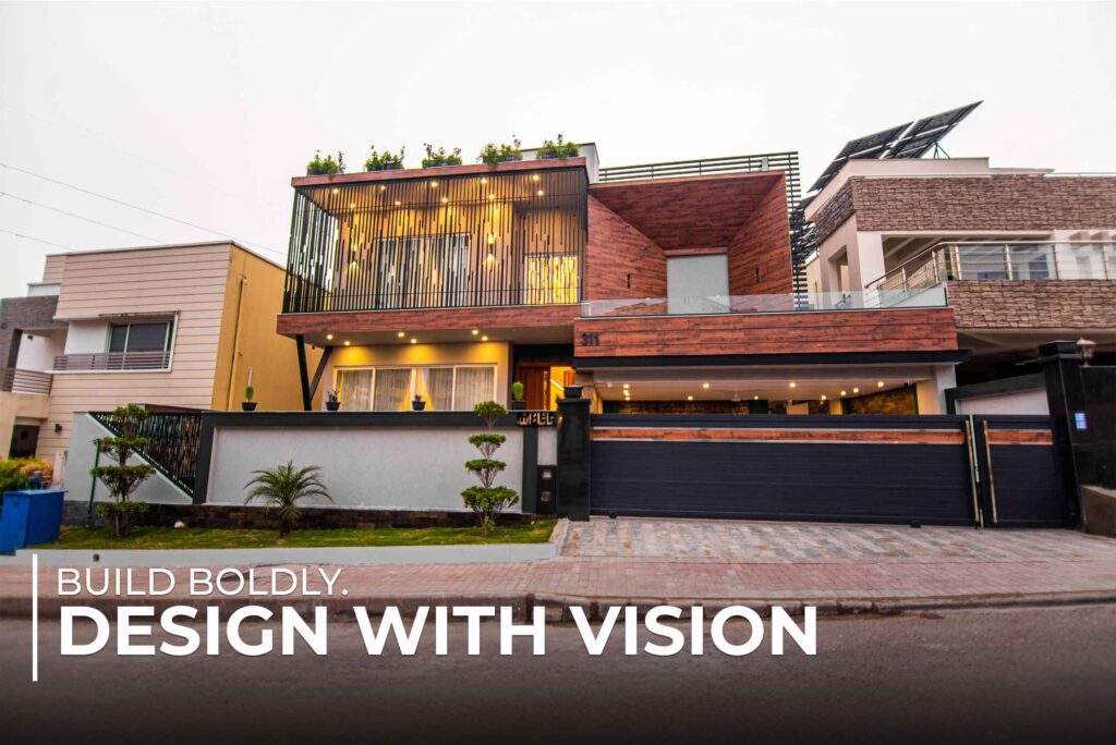 Modern two-story house with contemporary architecture featuring wood and metal finishes, rooftop garden, and solar panels, with the text 'Build Boldly: Design with Vision' overlayed at the bottom.