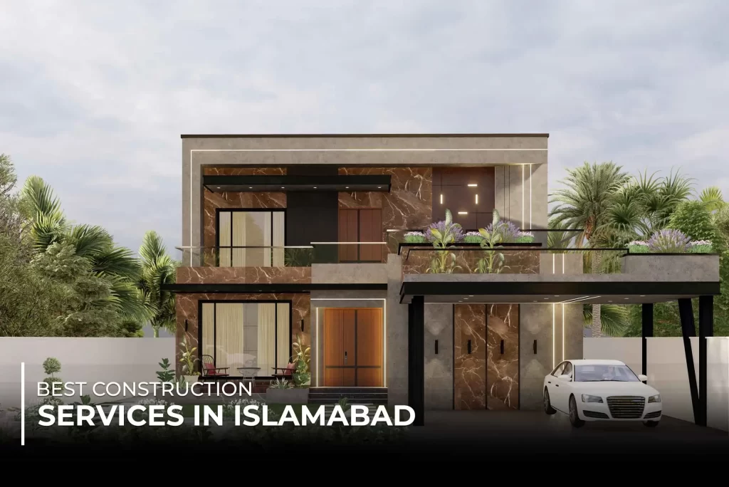 Modern luxury house exterior with large glass windows, marble finish, balcony garden, and car parked in driveway – promoting best construction services in Islamabad.