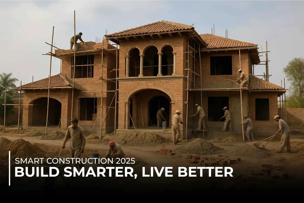 Construction workers building a modern brick house in Islamabad – Smart Construction 2025 project showcasing labor, scaffolding, and sustainable building design.