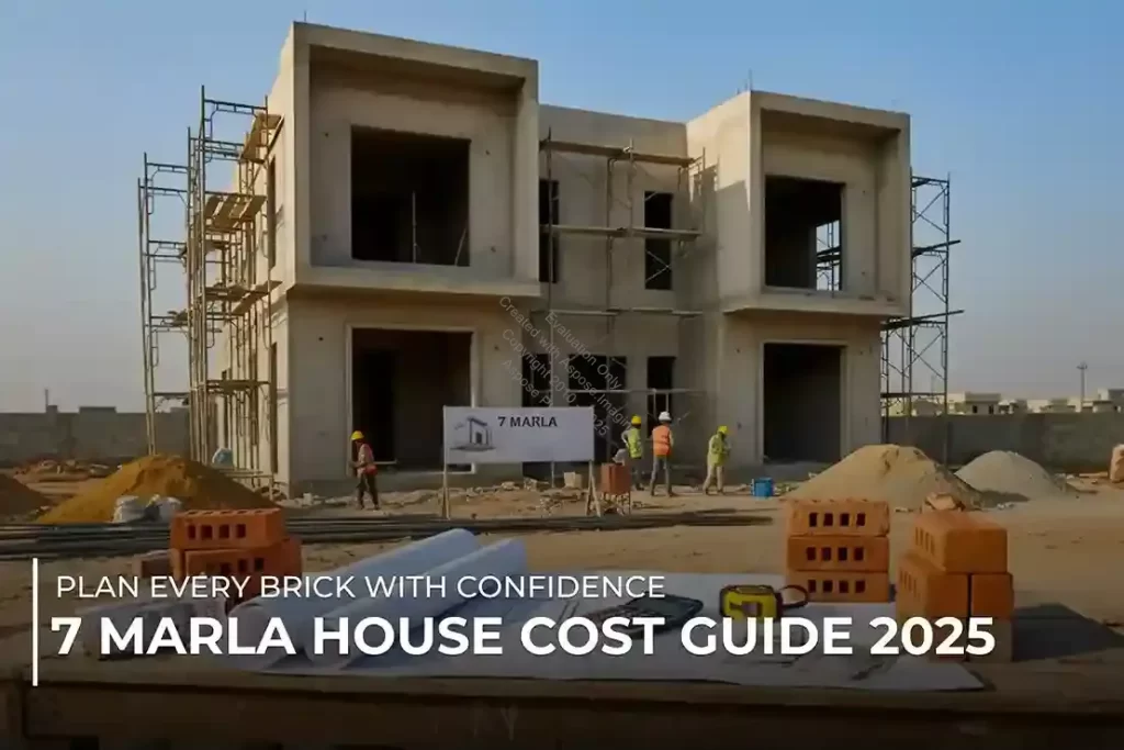 Under-construction 7 Marla double-storey house in Islamabad with workers and scaffolding, 2025 cost guide.