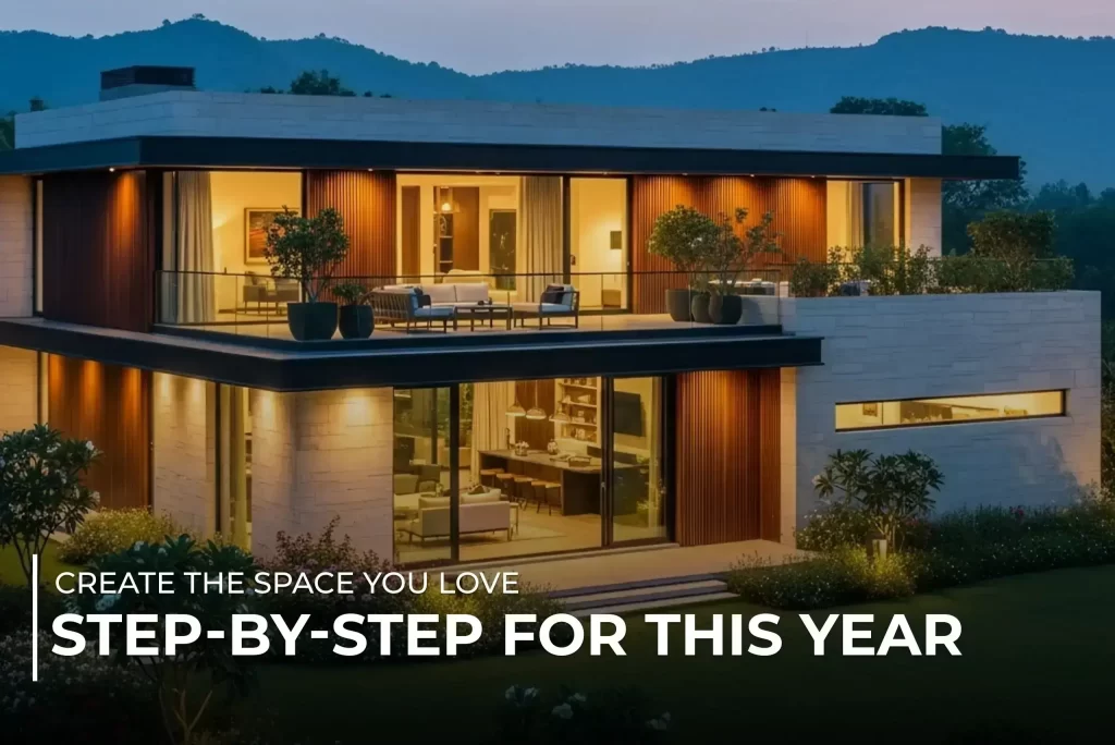 Modern two-story luxury home with warm lighting, large glass windows, and surrounding greenery at dusk, showcasing contemporary architecture.