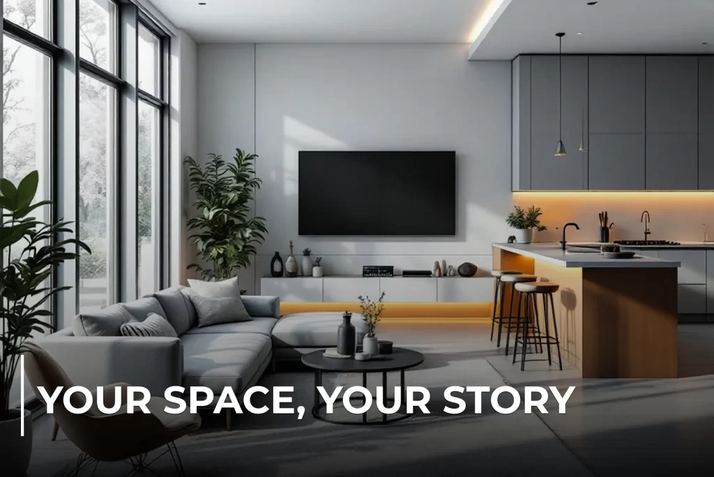 Modern living room and kitchen interior design in Islamabad by Elegant Design PK – stylish furniture, soft lighting, and contemporary décor.