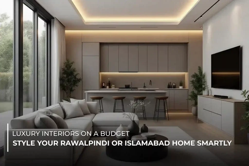 Elegant living room and kitchen space with neutral tones, modern lighting, and budget-friendly interior design in a Rawalpindi or Islamabad home.