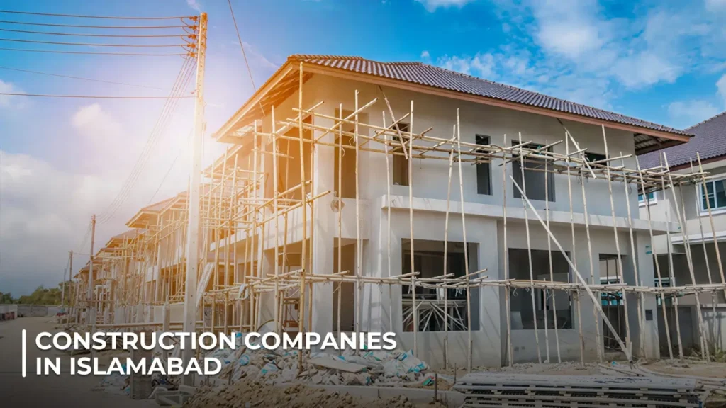 Modern house construction in Islamabad by top construction companies, showing residential building scaffolding under blue sky during development phase.