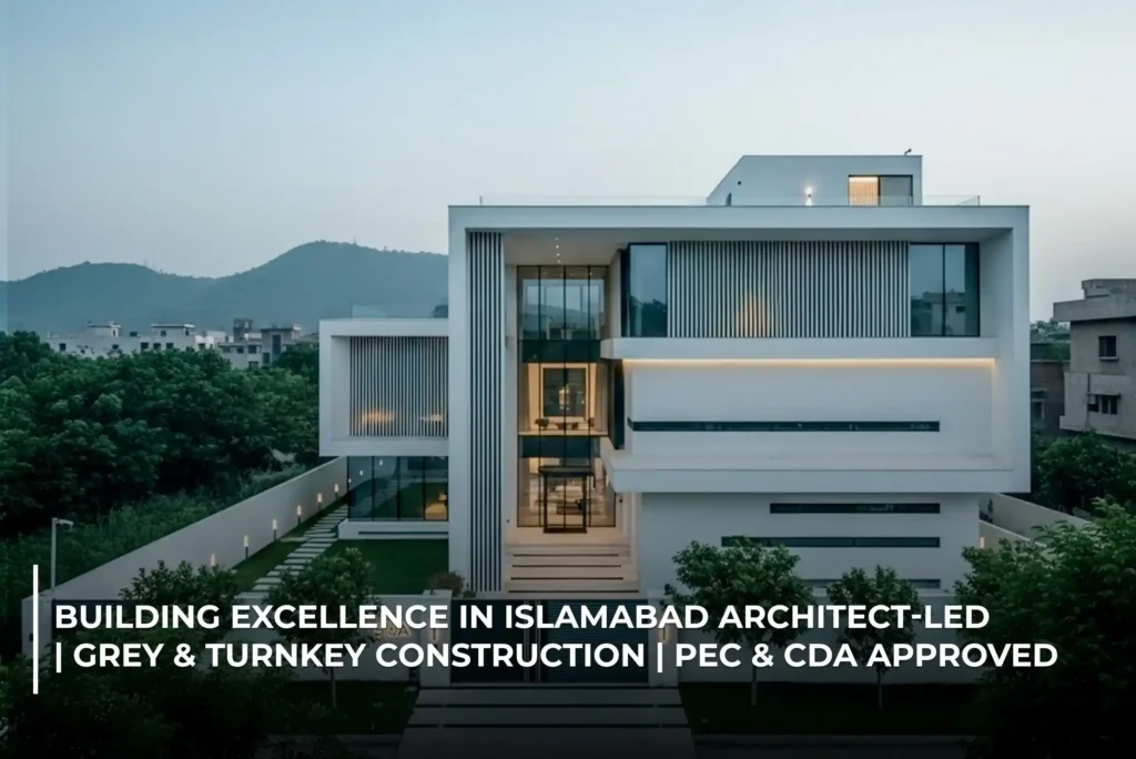 Modern luxury house in Islamabad by Elegant Design & Construction — architect-led design-build project featuring contemporary grey structure, turnkey finishing, and PEC & CDA approved construction services in Islamabad and Rawalpindi (2025).