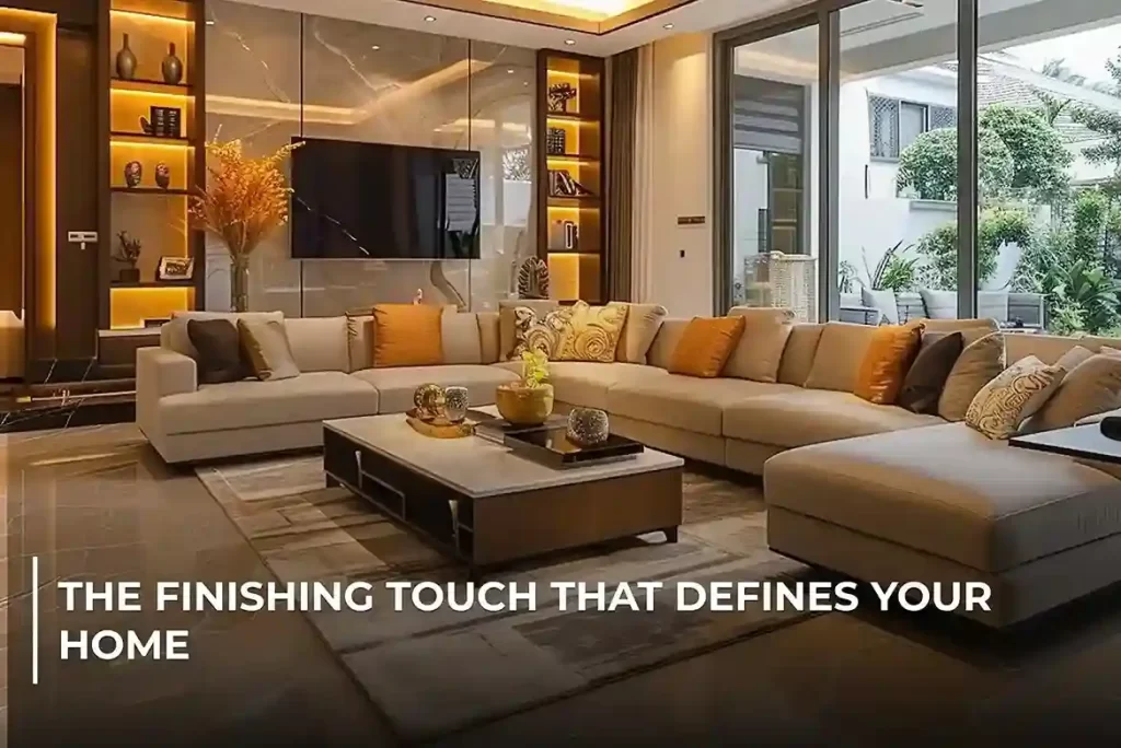 Modern luxury living room interior featuring warm lighting, marble wall cladding, and elegant neutral sofa—showcasing premium finishing materials by Elegant Design & Construction, Bahria Town Rawalpindi.