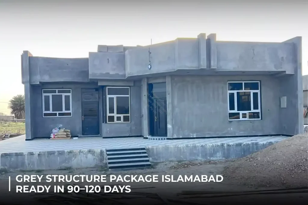 Single-story grey structure house under construction in Islamabad, showing completed plaster work and window frames — part of a CDA-approved grey structure package ready in 90–120 days.