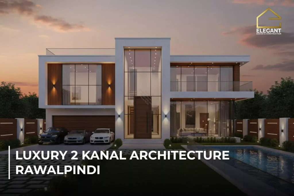 A modern 2 kanal house in Rawalpindi featuring stylish facades, elegant interiors, and sun-smart architectural design.