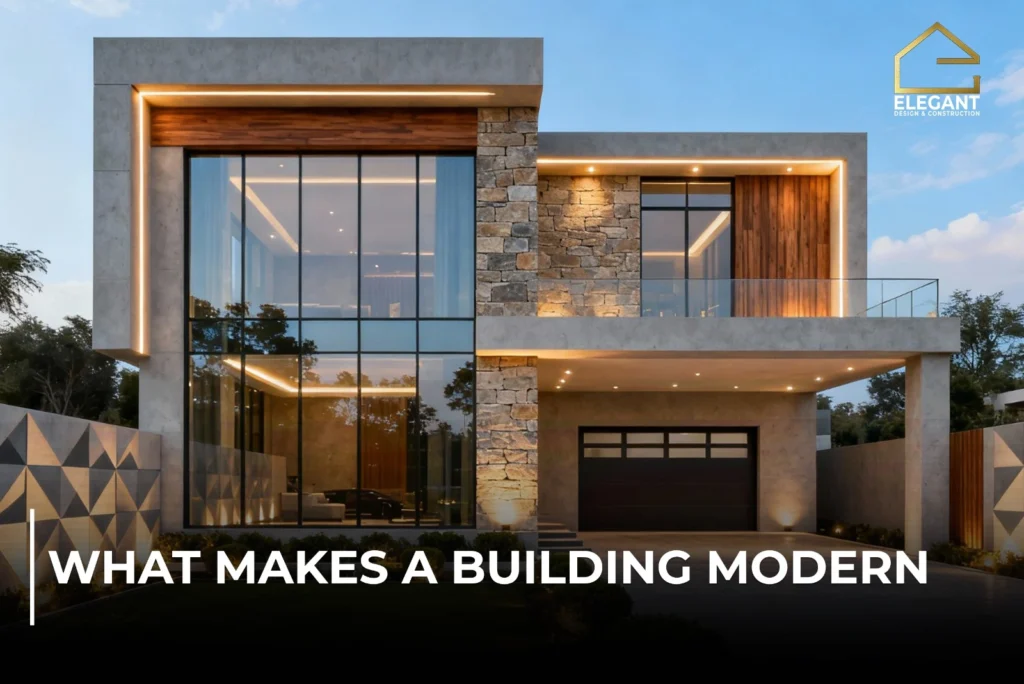 A modern commercial-style building with large glass façades, clean geometric lines, stone cladding, and warm exterior lighting, designed by Elegant Design PK.