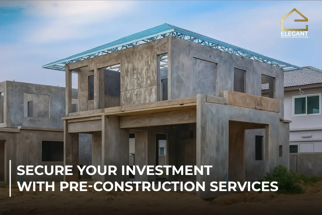 A modern under-construction house with exposed concrete structure and steel roofing, symbolizing pre-construction services in Pakistan. Text overlay reads “Secure Your Investment with Pre-Construction Services” by Elegant Design PK.