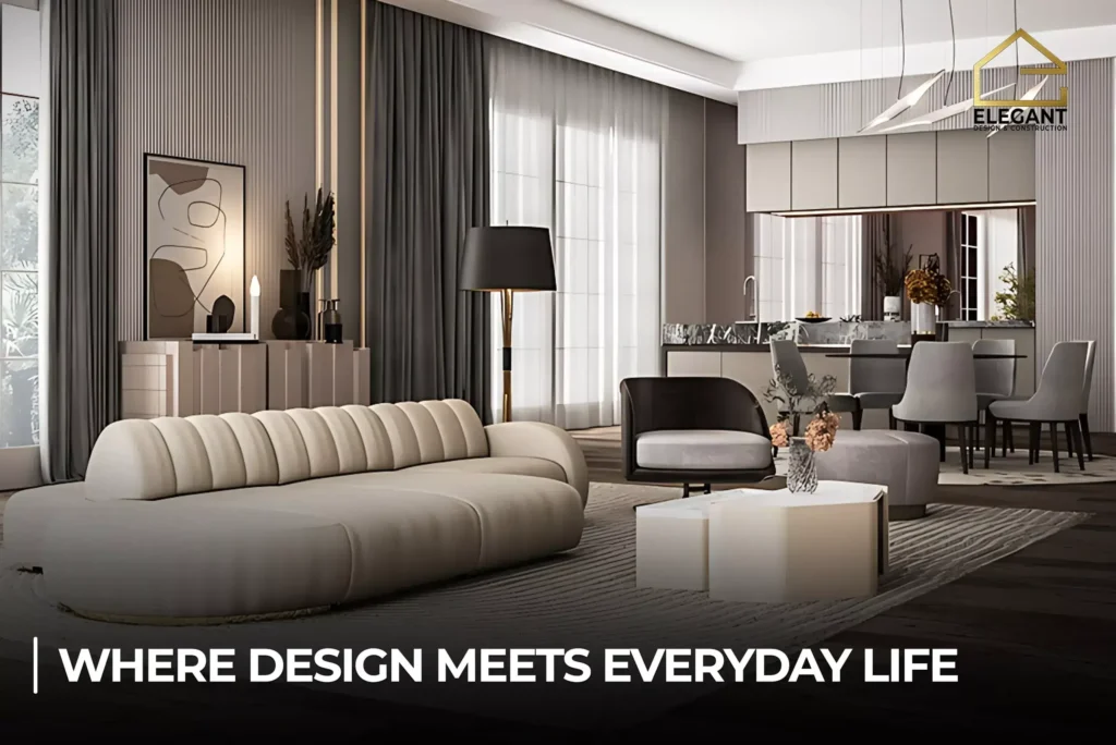 Modern open-concept living room and dining space featuring neutral tones, stylish furniture, and contemporary interior design by Elegant Design & Construction.