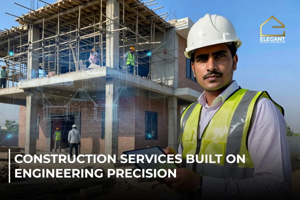 Site engineer wearing a safety helmet and vest overseeing a modern residential building under construction with scaffolding and workers in the background, representing precision-focused construction services.