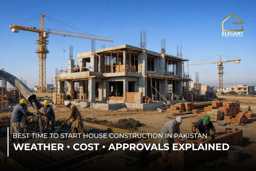 Best time to start house construction in Pakistan showing an under-construction residential building with workers, highlighting weather conditions, construction cost planning, and approval timing.