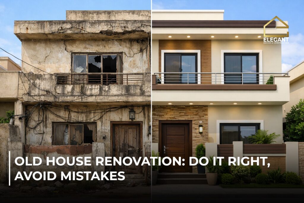 Before and after view of an old house renovation showing a damaged, worn exterior transformed into a modern, elegant residential home with updated design and construction