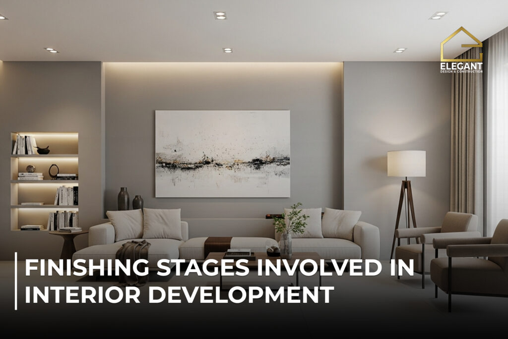 Modern living room interior showcasing completed finishing stages, including lighting, wall finishes, flooring, furniture, and overall interior development quality