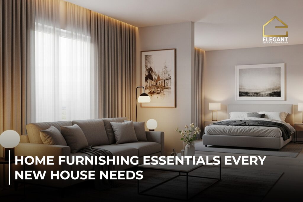 Modern living room and bedroom setup showing essential home furnishings including sofa, coffee table, bed, side tables, lamps, and décor for a new house.