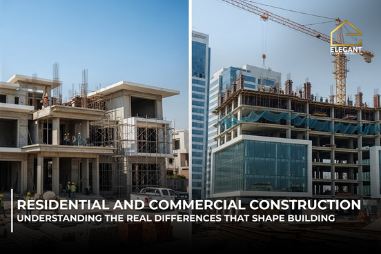 Side by side view of residential and commercial construction sites showing differences in building scale, structure, and construction approach