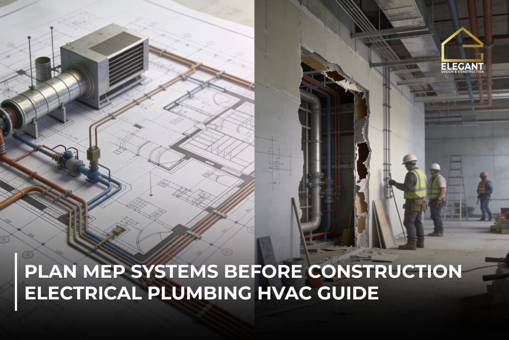 HVAC and plumbing systems with workers on site, highlighting the importance of planning MEP systems before construction.