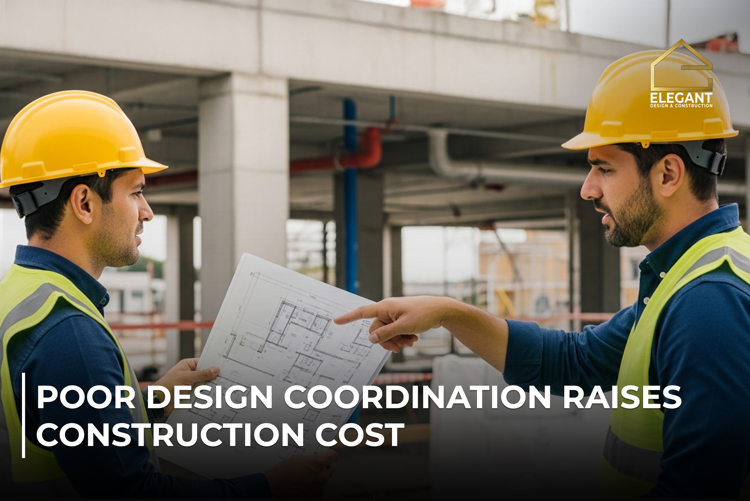 Two construction professionals reviewing architectural drawings on site, highlighting how poor design coordination increases construction costs through planning errors.