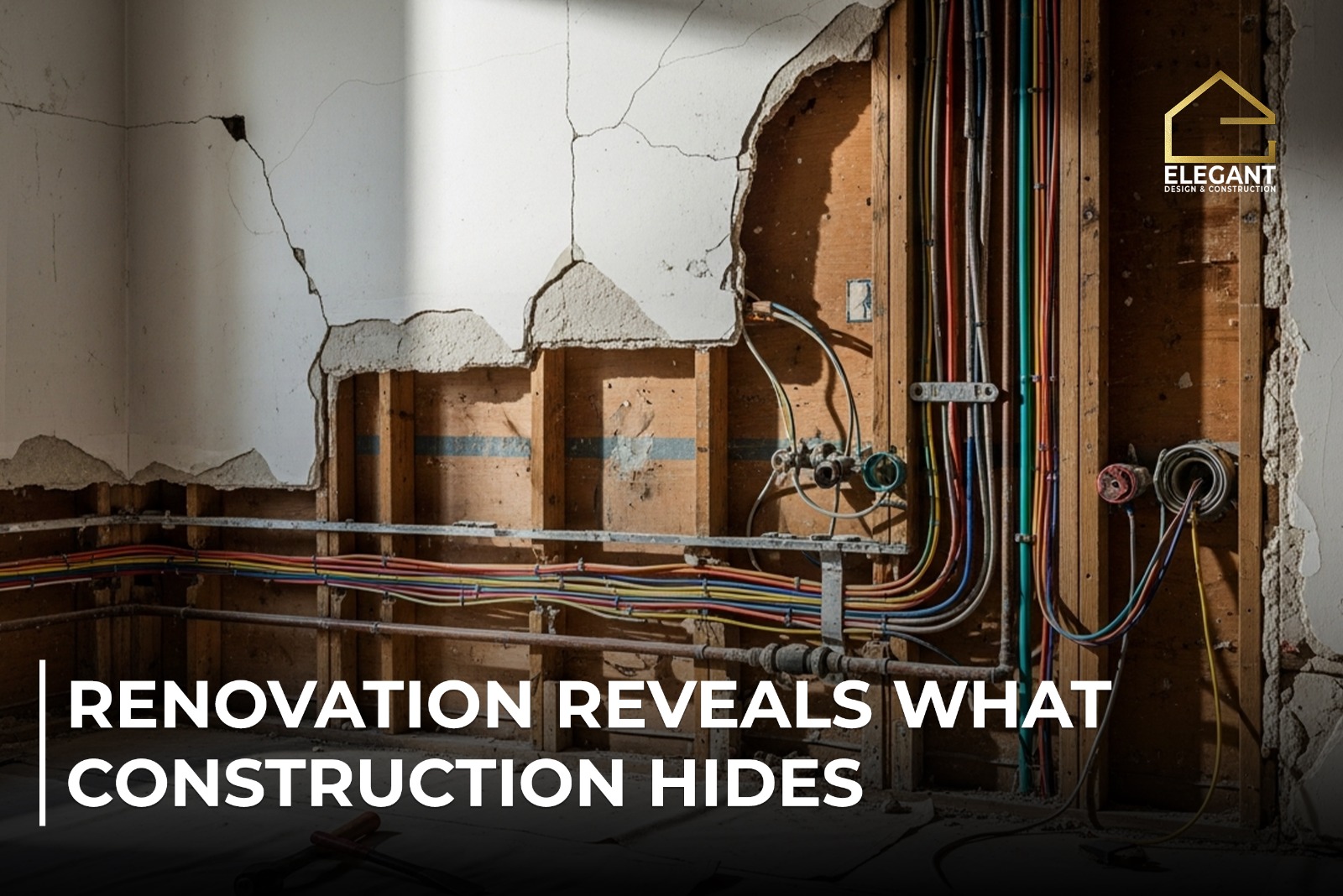 Exposed wall during renovation showing cracked plaster, old electrical wiring, and concealed plumbing systems behind interior finishes.