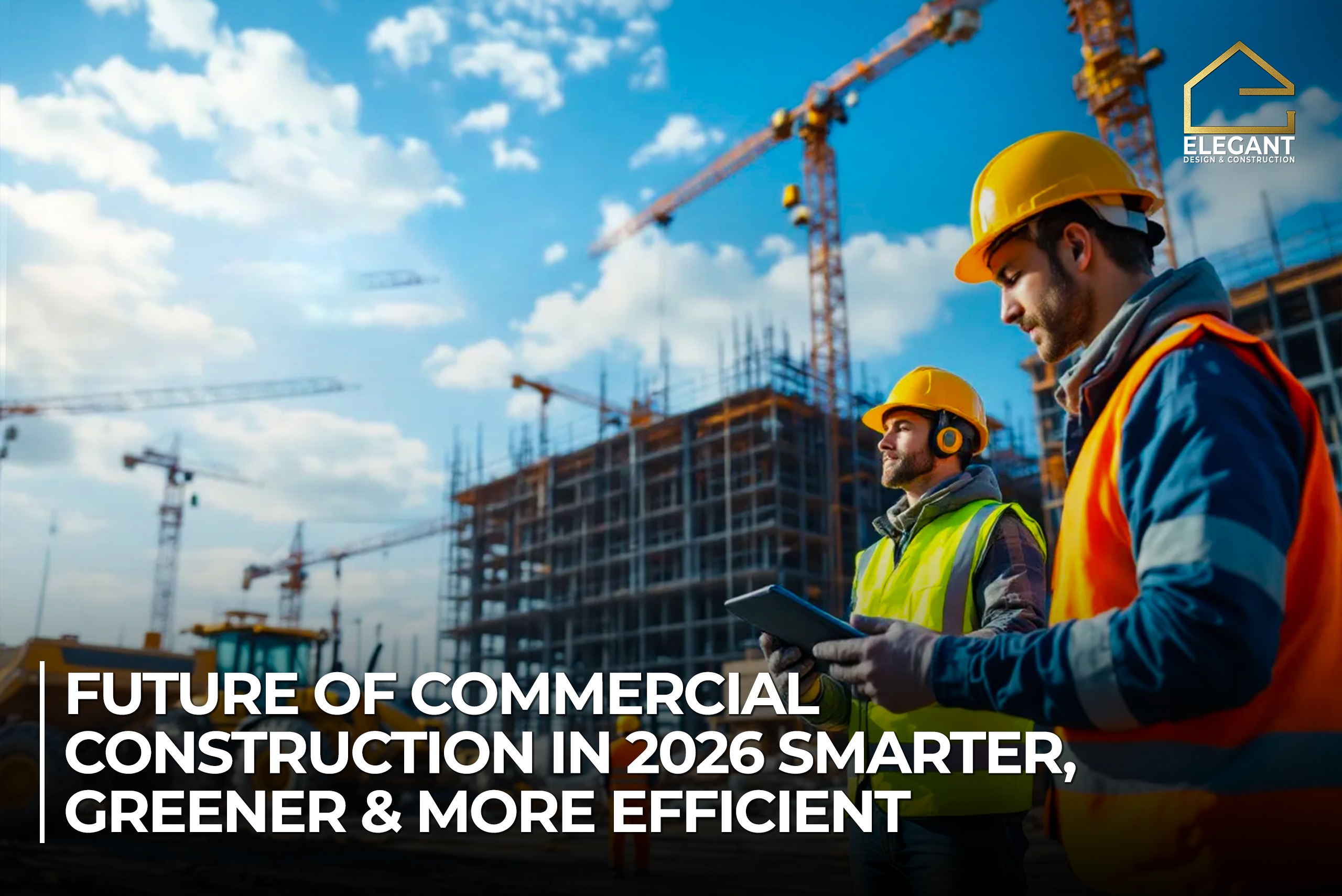 Two construction engineers wearing safety helmets and vests reviewing a tablet at a commercial construction site with cranes and a building structure in the background, representing the future of smart and efficient construction in 2026.