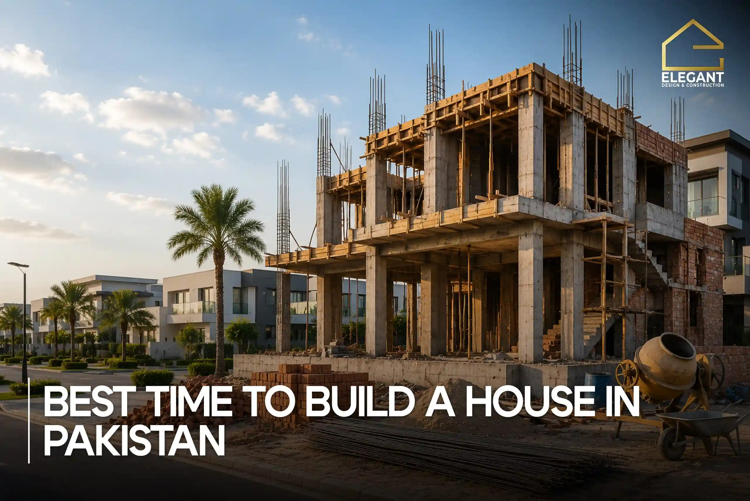 Best time to start house construction in Pakistan showing an under-construction residential building with workers, highlighting weather conditions, construction cost planning, and approval timing.